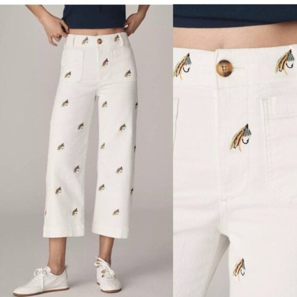 Anthropologie The Colette Wide Leg Jeans Women 24 Tall Embroidered Fishing